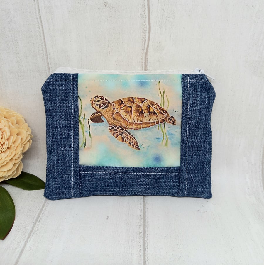 Turtle purse, Blue large coin purse, Sea Turtle Gifts, Animal zip pouch