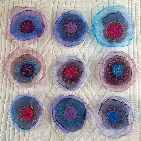 Nine Organza Embroidered Flower Embellishments Free Postage 