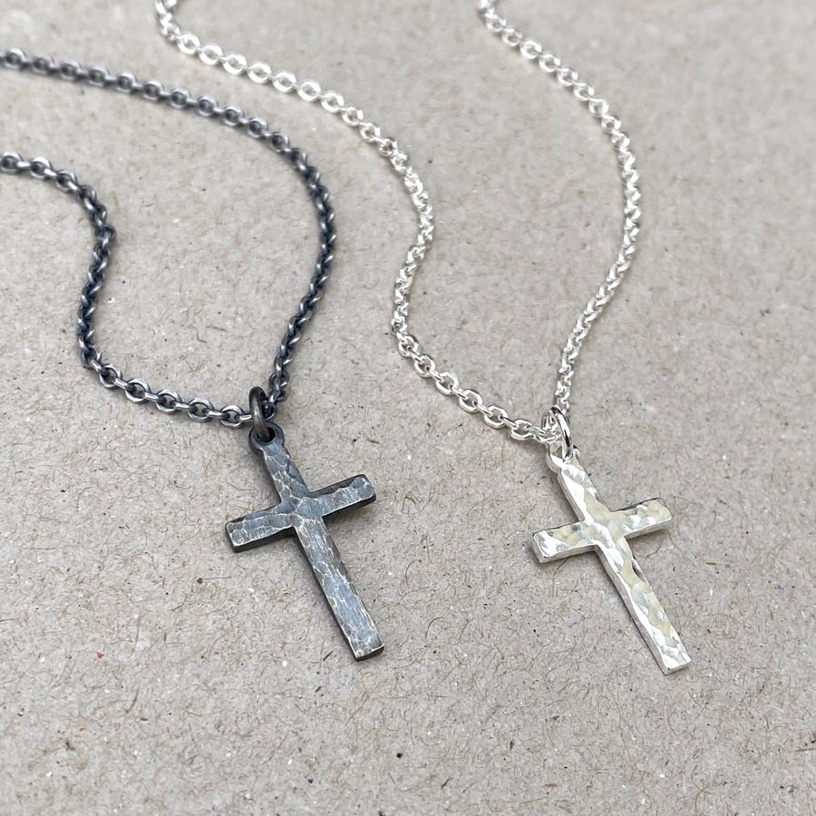 Oxidised or polished small size solid silver hammered cross pendant and chain