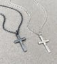 Oxidised or polished small size solid silver hammered cross pendant and chain