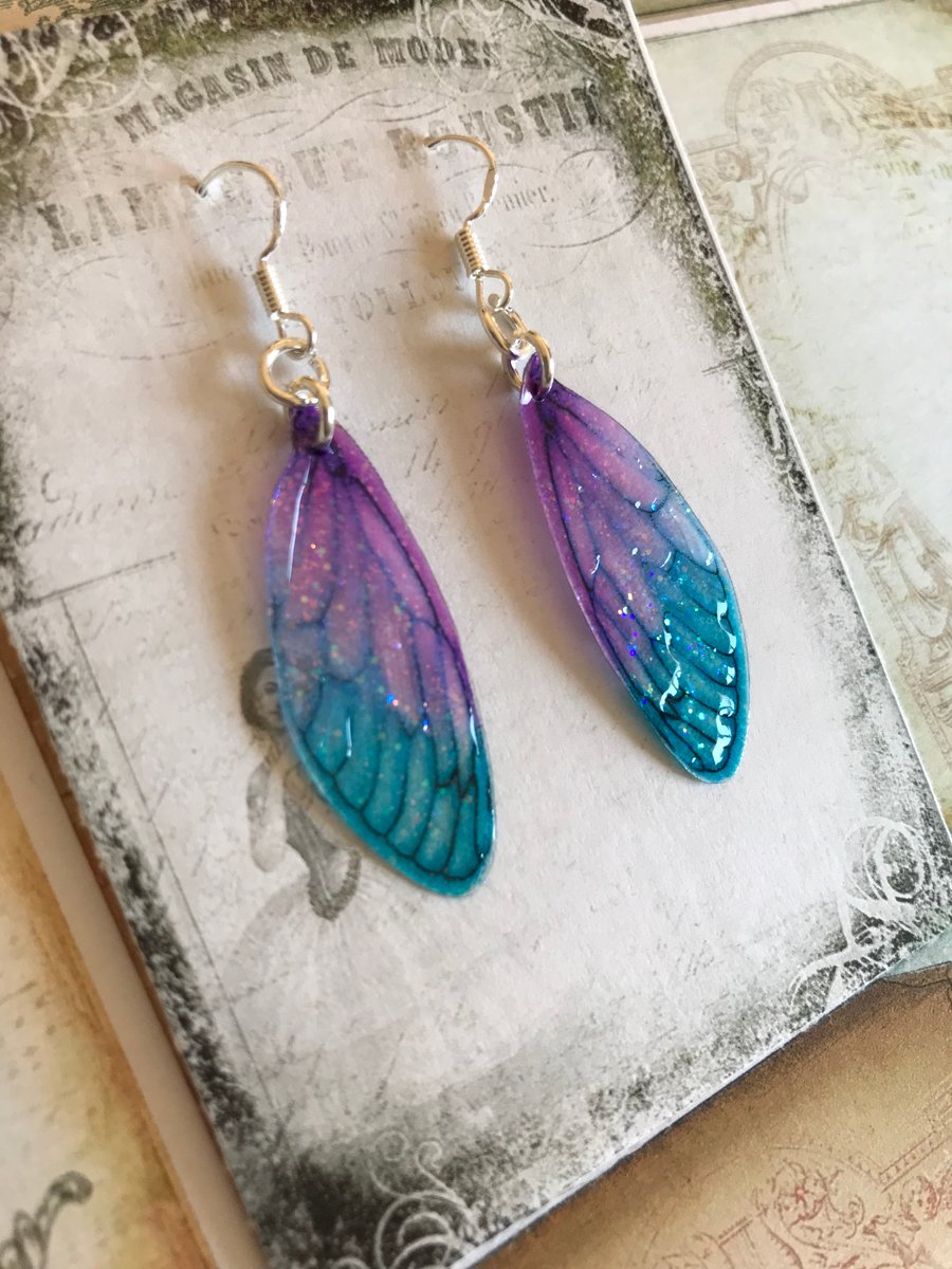 RESERVED FOR CYNTHIA Blue and Purple Fairy Wing Earrings Sterling Silver