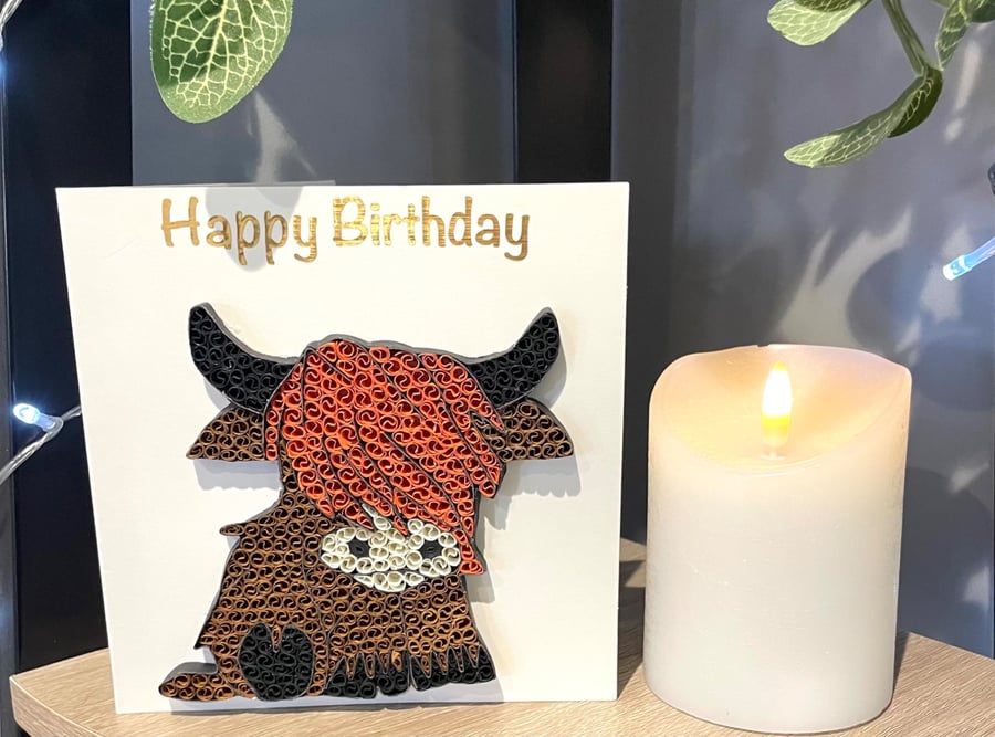 Stunning Handmade Quilled Highland Cow Card