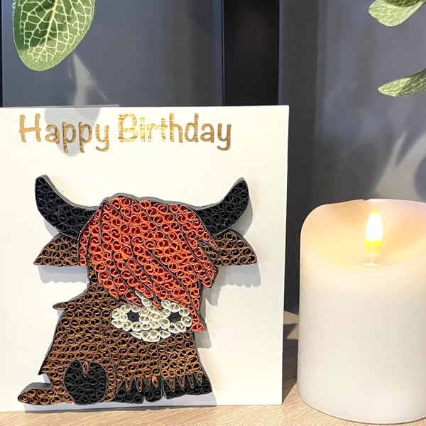 Stunning Handmade Quilled Highland Cow Card