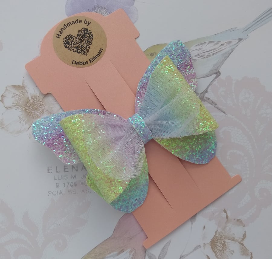 Rainbow bow clip, butterfly hair bow, ponytail bows, pastel hair accessories