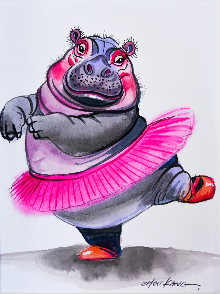 Hippo Watercolour Painting – Original Still Life – Fun & Delightful