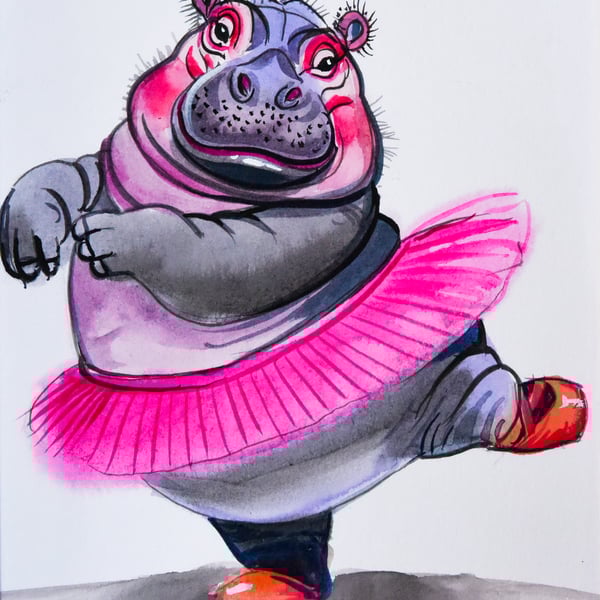 Hippo Watercolour Painting – Original Still Life – Fun & Delightful