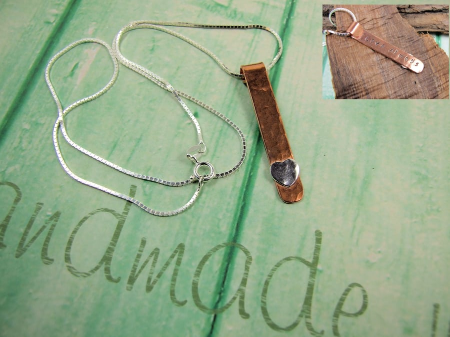 Hidden Message Necklace, Love Always. Copper and Silver Bar Heart Pendant