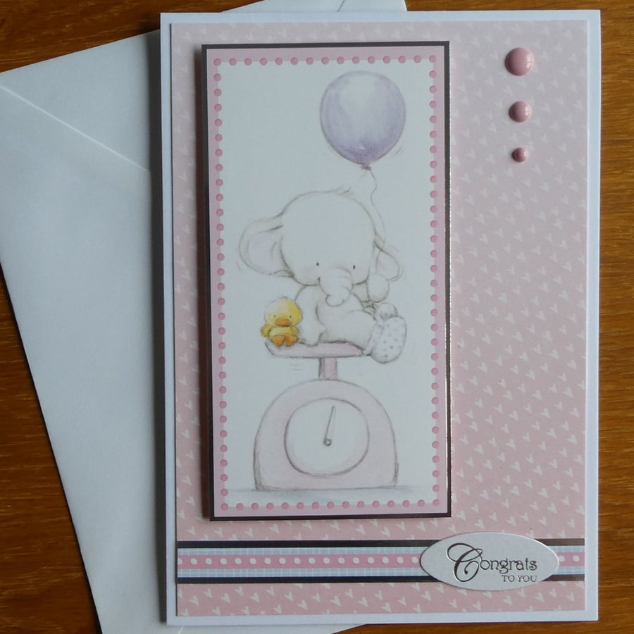 New Baby Girl Card - Pink Elephant 