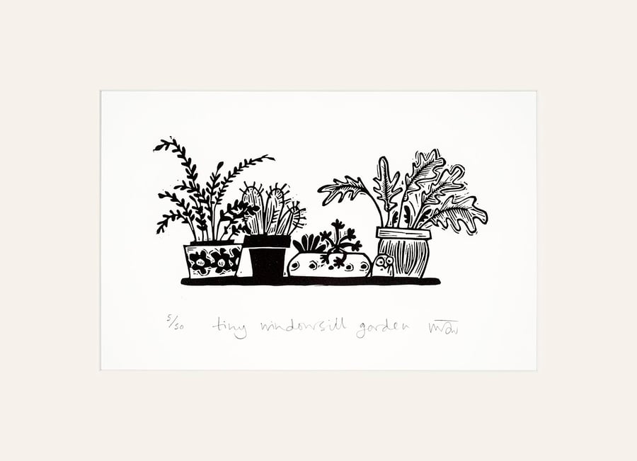 Tiny Windowsill Garden - Lino print