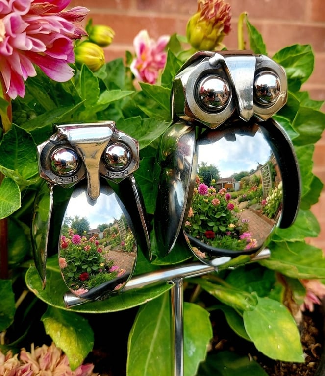 Mother & Baby Owl. Handcrafted Pair of Owls. Upcycled Cutlery Art.