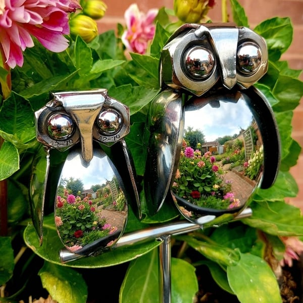 Mother & Baby Owl. Handcrafted Pair of Owls. Upcycled Cutlery Art.