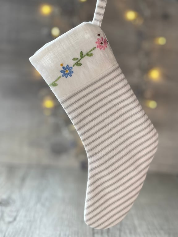 Vintage Embroidered Table Linen Christmas Stocking Decoration 
