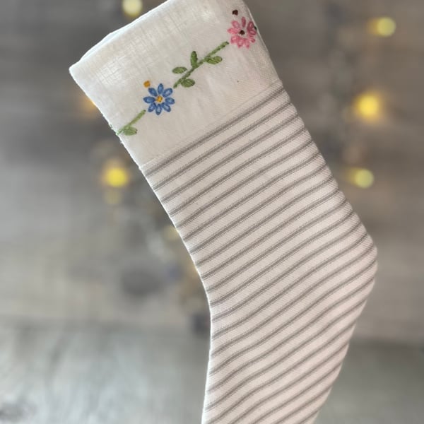 Vintage Embroidered Table Linen Christmas Stocking Decoration 