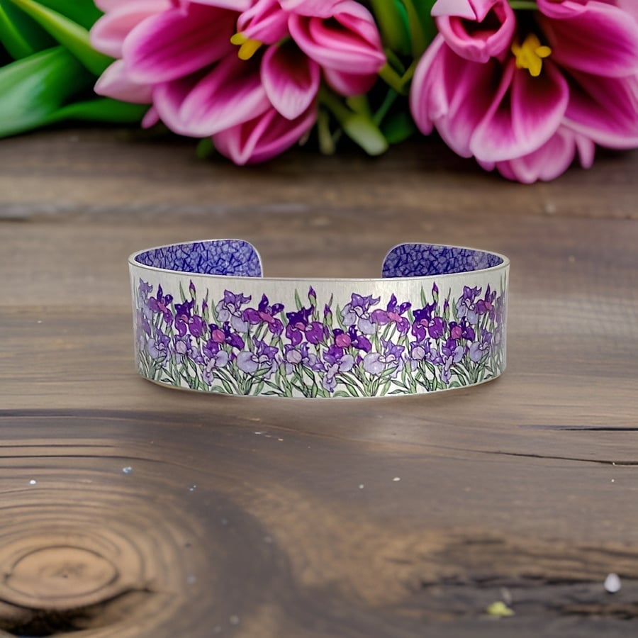 Purple iris flowers cuff bracelet, floral bangle. Personalised gifts. (727)