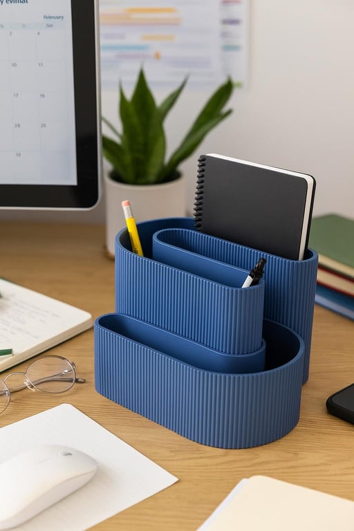 Modern S-Shaped Desk Organizer Minimalist Ribbed Pen & Notebook Holder 3D Printe