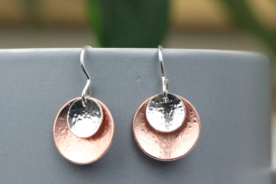 Textured silver and copper double dome earrings