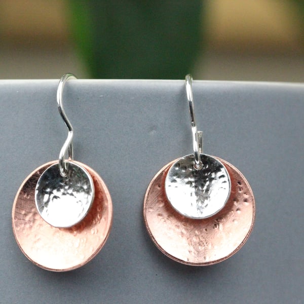 Textured silver and copper double dome earrings