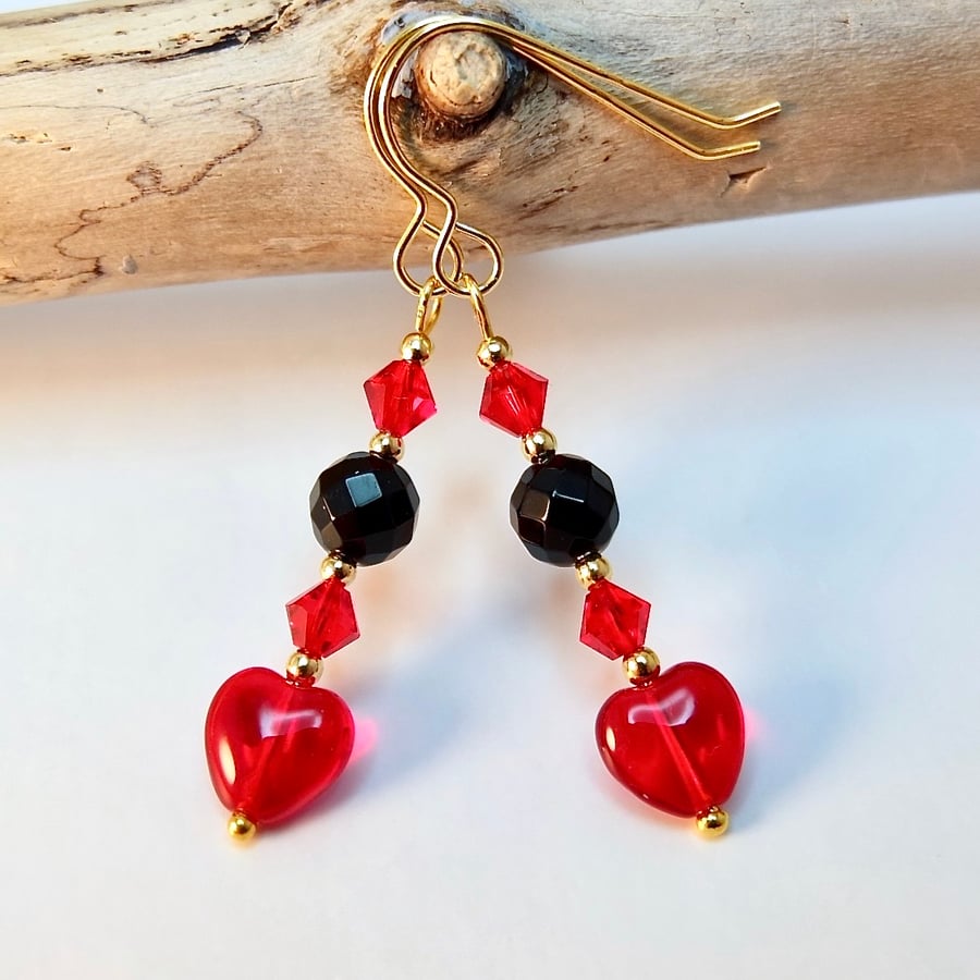 Red Glass Heart Earrings With Onyx And Swarovski Crystals - Handmade In Devon