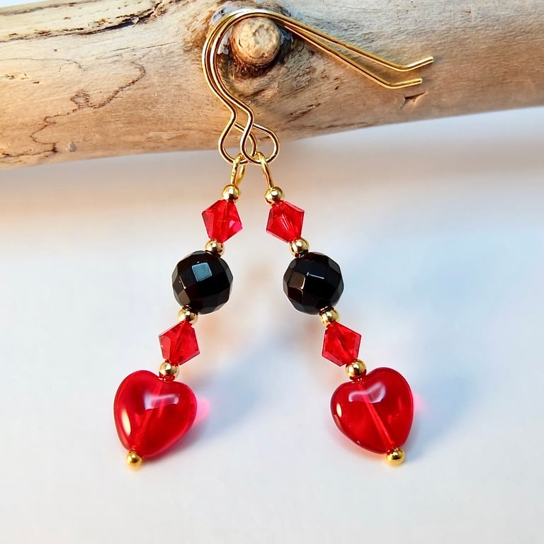Red Glass Heart Earrings With Onyx And Swarovski Crystals - Handmade In Devon