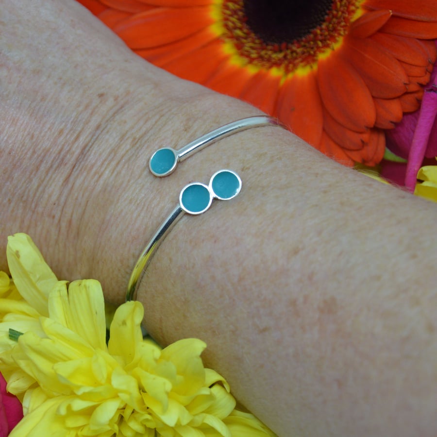 Sterling silver and turquoise enamel adjustable bangle