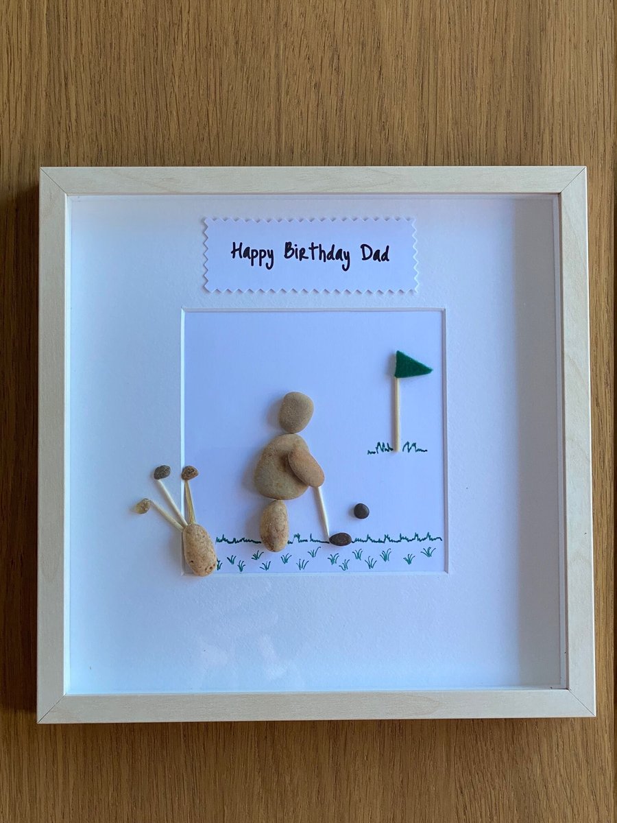 Golf Lover Personalised Gift, Golfer Pebble Art Picture, Birthday Gift for Dad, 