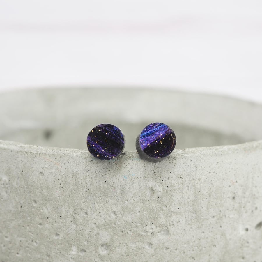 Titanium posts - Small dark purple galaxy dot stud earrings - Hypoallergenic