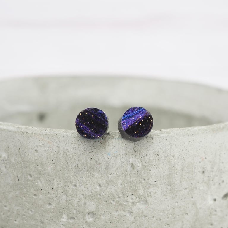 Titanium posts - Small dark purple galaxy dot stud earrings - Hypoallergenic