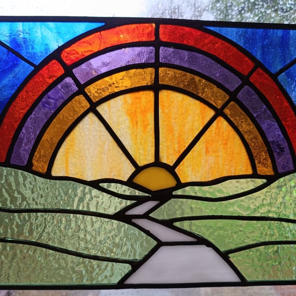 Handmade Stained Glass Rainbow & Sunset Landscape Panel