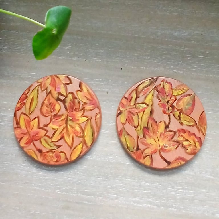 Set of two handpainted wooden coasters, metallic Autumn leaves.   