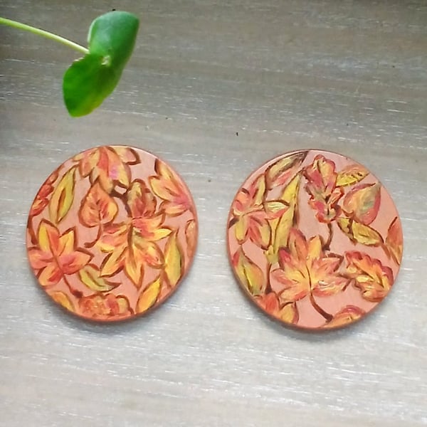 Set of two handpainted wooden coasters, metallic Autumn leaves.   