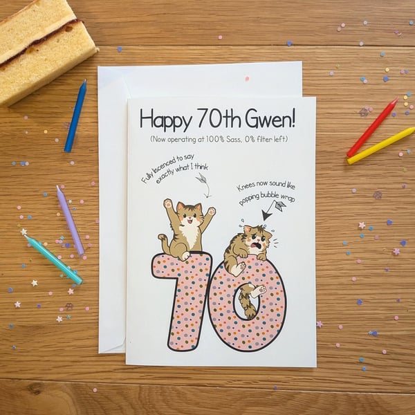 Funny Cat 70th Birthday Card, Sarcastic Feline Milestone, A5 Illustrated 