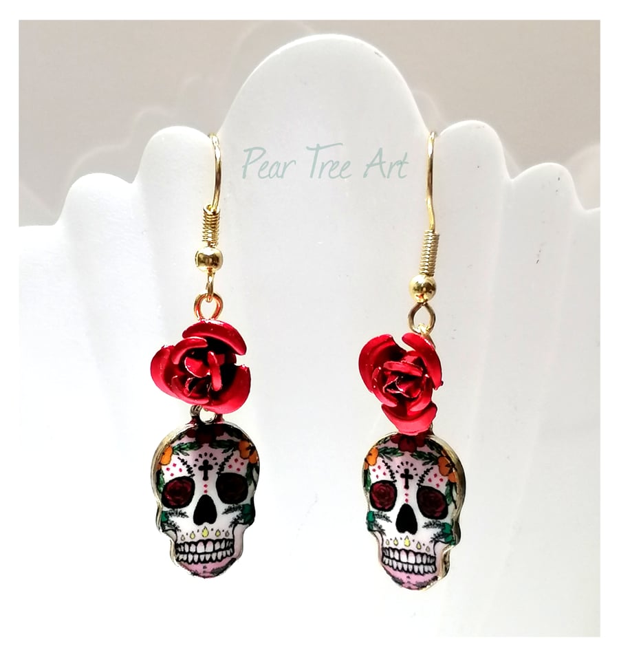 Red and Yellow Sugar Skull Earrings with Red Metal Roses 