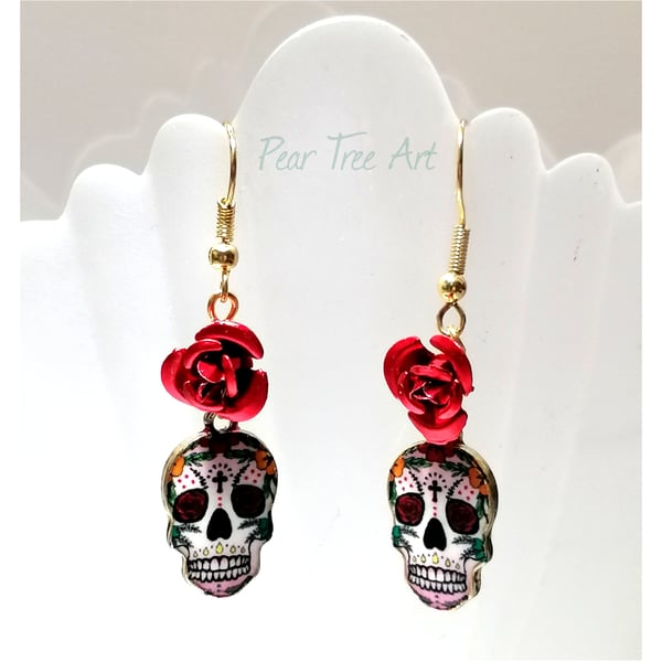 Red and Yellow Sugar Skull Earrings with Red Metal Roses 