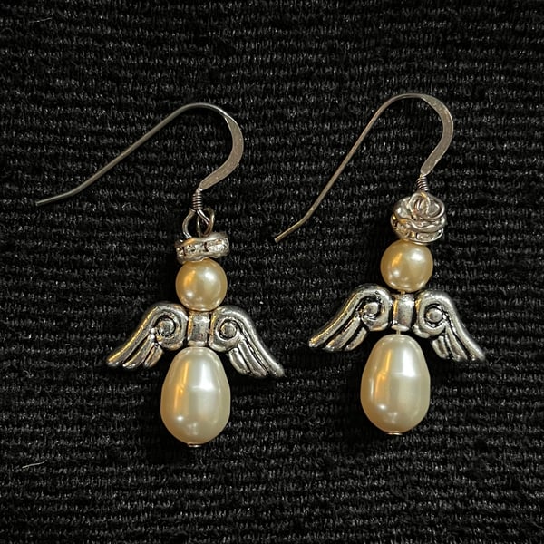 Hand Beaded Angel Earrings: Cream and Silver Swarovski Crystal and Pearl 