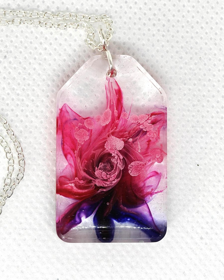 Double Sided Resin Pendant: Handmade  Pink And Blue Necklace Bloom