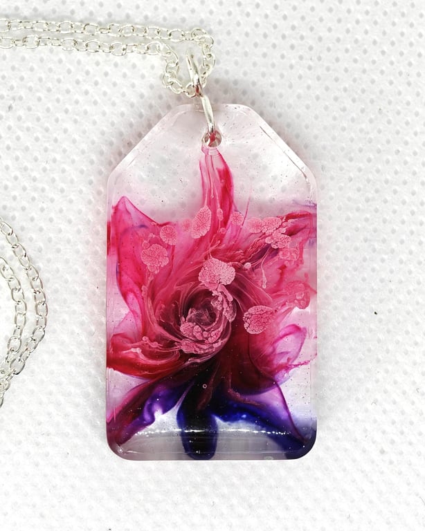 Double Sided Resin Pendant: Handmade  Pink And Blue Necklace Bloom