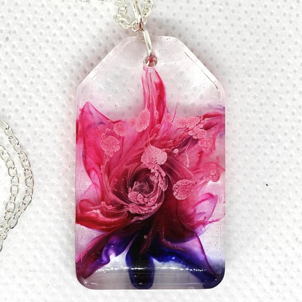 Double Sided Resin Pendant: Handmade  Pink And Blue Necklace Bloom