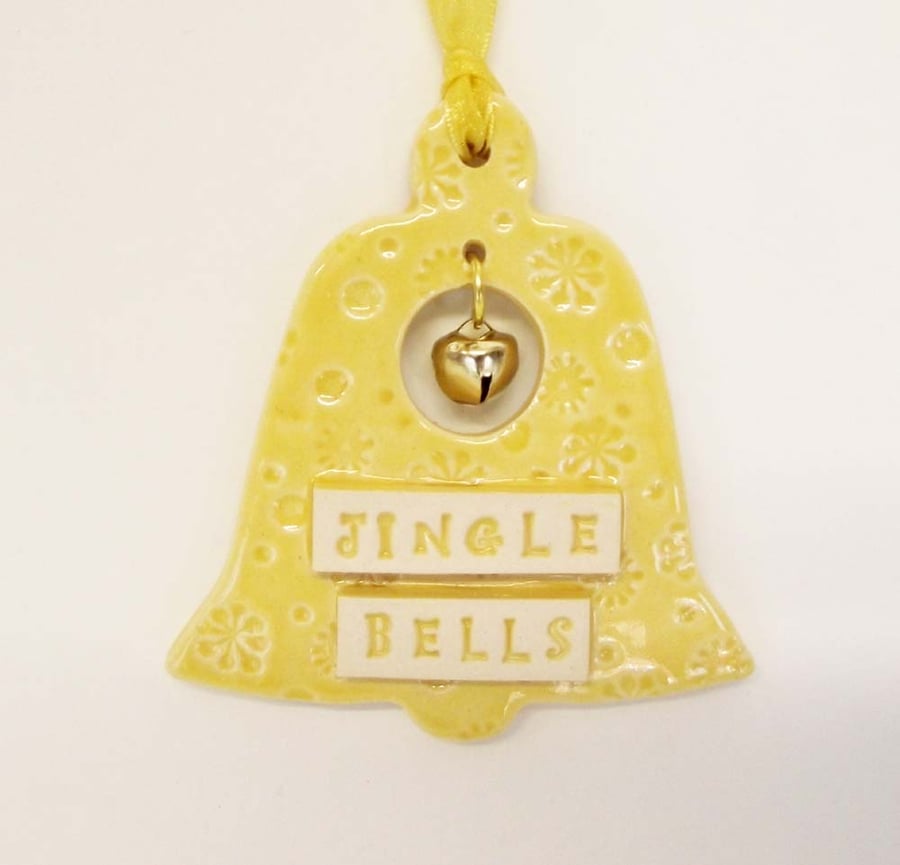 Christmas Bell - JIngle Bells Ceramic decoration with little bell inside. Yellow