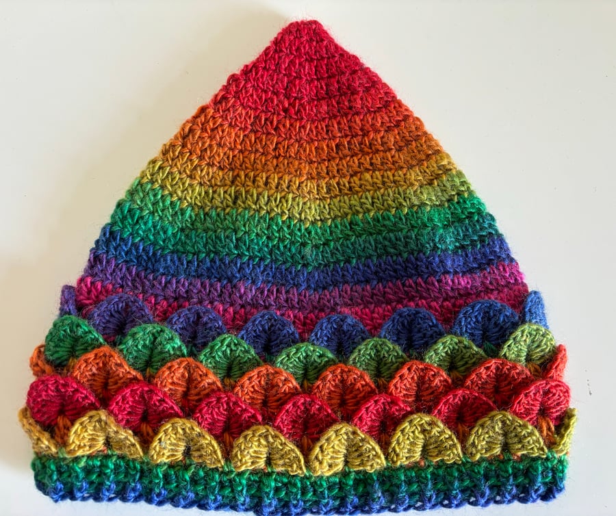 Vegan crochet rainbow pixie elf hat dragon scale handmade in Scotland gift 