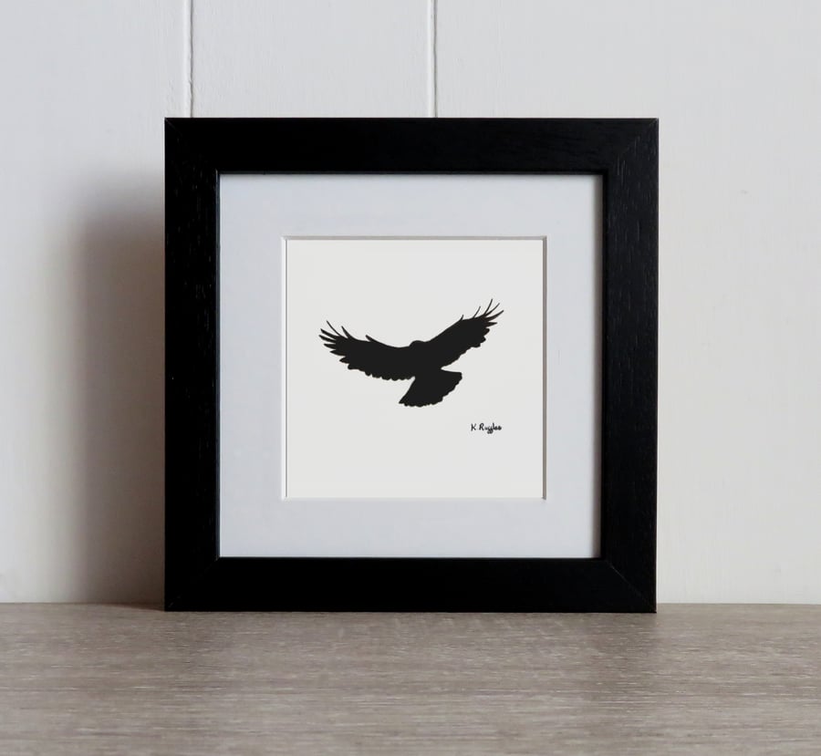 Crow original charcoal drawing, bird in flight