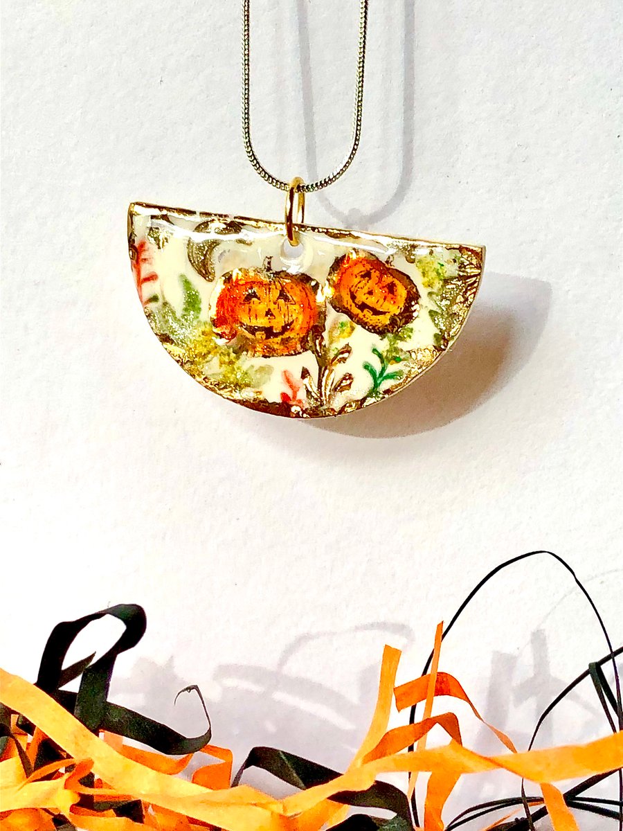 Cute pumpkins half moon pendants, handcrafted 