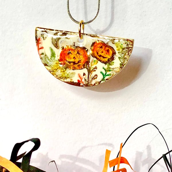 Cute pumpkins half moon pendants, handcrafted 