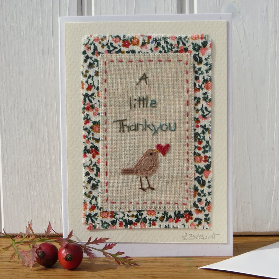 Hand-stitched Thank You card with little bird and heart