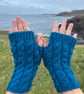 Hand knitted fingerless gloves,featuring cable knit pattern      DARK TURQUOISE  - Image 1