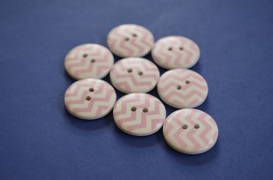 Wooden Pale Baby Pink & White Zig Zag Buttons 8pk 20mm (MZ1)