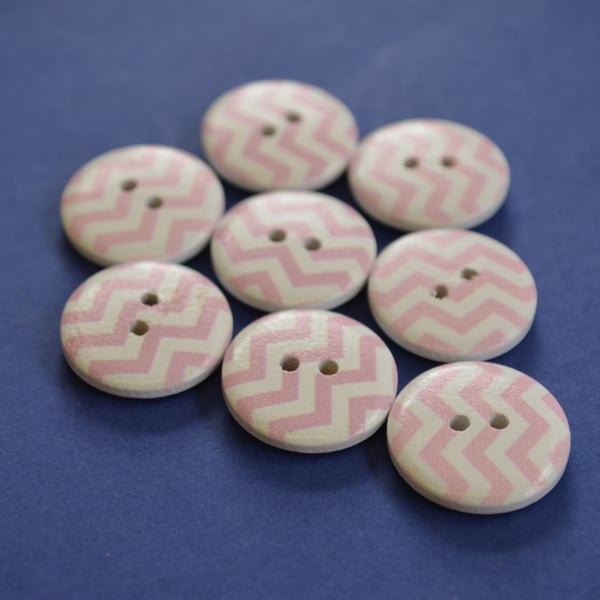 Wooden Pale Baby Pink & White Zig Zag Buttons 8pk 20mm (MZ1)