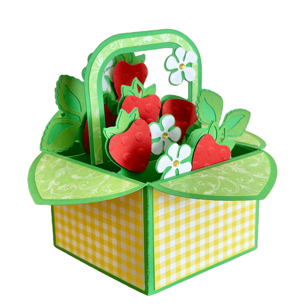 3D Strawberry Friend Pop Up Box Card, Birthday Basket Flowers Card