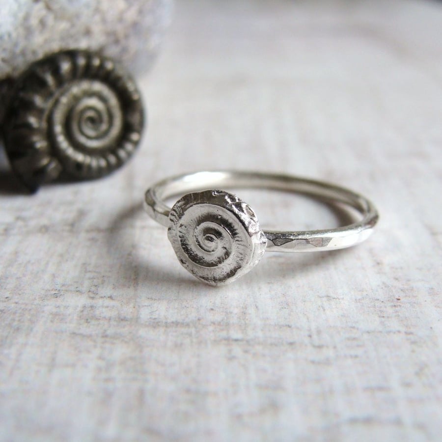 Silver Ammonite Stack Ring - Hammered Stacking Ring - Beach Fossil Jewellery