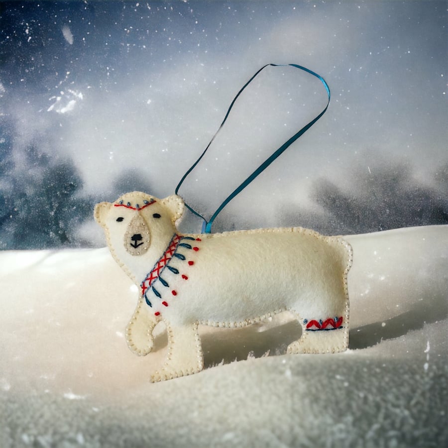 Handmade Polar Bear Felt Hanging Christmas Decoration