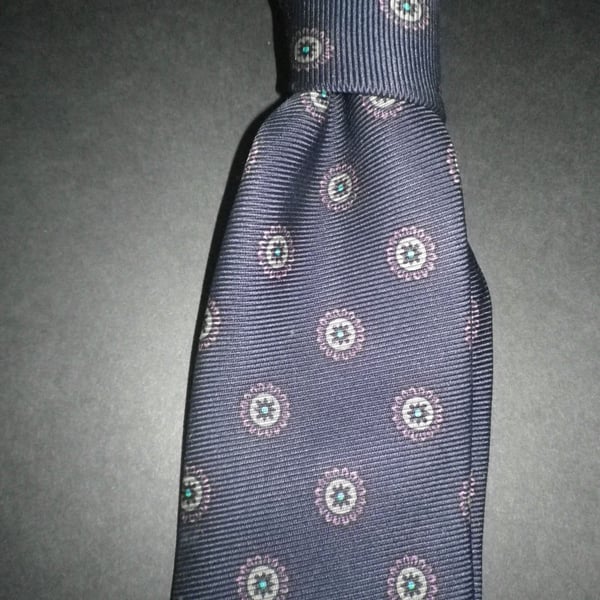 Grey circle motif on navy silk tie, 8cm blade, free shipping, guft wrapped
